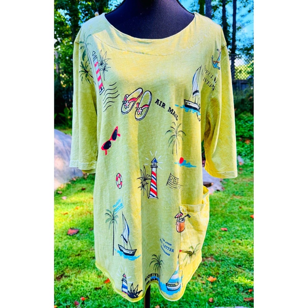 Jess & Jane Womens Chartreuse Nautical Graphic Slub Knit Tunic Top M